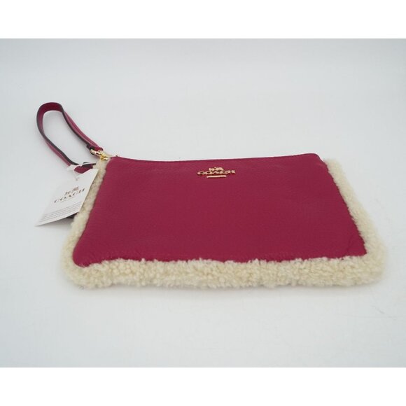 COACH Cranberry Pebbled Leather Natural Shearling Small Wristlet NWT - Picture 6 of 13